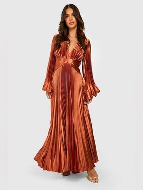 Boohoo Pleated Rust Satin Oversized Sleeve Maxi Dress